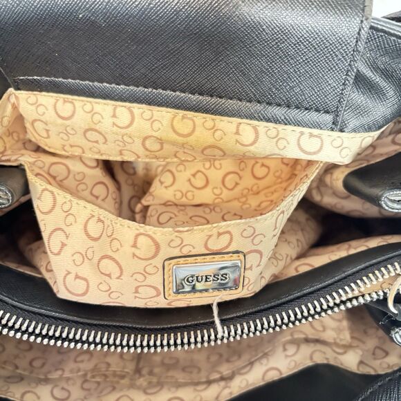 GUESS Black Double Handle Satchel Chain Straps Shoulder bag 3 Compartment Purse - Picture 5 of 11